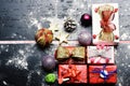 Set of Christmas presents. Christmas decorations on dark wooden background Royalty Free Stock Photo