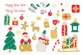 Set with Christmas presents, gingerbread, drinks, gift boxes, snowman, Santa and fir-tree vector Royalty Free Stock Photo