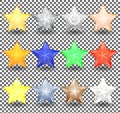 Set of Christmas realistic stars of different colors. New year decoration of bright, metallic and transparent color.