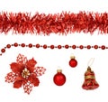 Set of Christmas red decorations: garland, tinsel, balls isolated Royalty Free Stock Photo