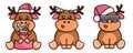 Set of Christmas reindeer icons. Cute deers in santa hat with presents, Christmas decorations, fashion glasses, New Year lights. Royalty Free Stock Photo