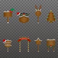 Set of christmas road signs and wooden signboards with decorations and lights