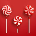 Set of Christmas round lollipop candies on red background. Christmas lollipops background. Creative Christmas banner for ads, post