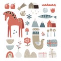 Set of Christmas Scandinavian animals and natural elements. Dala horse, dove bird, fish, gift boxes, flowers, candles