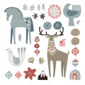 Set of Christmas Scandinavian animals and natural elements. Dala horse, dove birds, Christmas ornametns, flowers, fruit