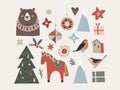 Set of Christmas Scandinavian animals and natural elements. Dala horse, finch birds, bearChristmas ornametns, tree and Royalty Free Stock Photo