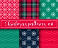 Set of Christmas seamless patterns with snowflakes ornament, polka dot and tartan checkered background. Cartoon style Royalty Free Stock Photo