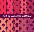 Set of Christmas seamless patterns. Sweets, gift boxes with toys. Ten winter backgrounds. Vector Royalty Free Stock Photo