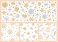 Set of Christmas seamless vector patterns. Hand drawn holiday backgrounds, border. Gold, silver snowflakes, pine branches Royalty Free Stock Photo