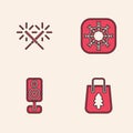 Set Christmas shopping bag, Sparkler firework, Snowflake and Stereo speaker icon. Vector Royalty Free Stock Photo