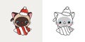 Set Christmas Siamese Cat Multicolored and Black and White. Kawaii Clip Art Christmas Kitty.