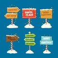 Set Christmas Signboards, Wooden Signs with Snow, Garlands and Striped Pole in Snowdrift. Wood Banners, Road Direction Royalty Free Stock Photo