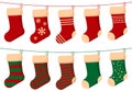 Set of christmas sock. Christmas stockings red green colors. Hanging holiday decorations for gifts. Vector illustration Royalty Free Stock Photo