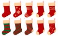 Set of christmas sock. Christmas stockings red green colors. Hanging holiday decorations for gifts. Vector illustration Royalty Free Stock Photo