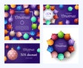 Set of Christmas square and horizontal promo banner. Holiday vector illustration with realistic ornate colorful Christmas balls on Royalty Free Stock Photo