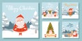 Set of Christmas square illustrations with Santa and elves. Winter landscape