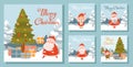 Set of Christmas square illustrations with Santa and elves. Winter landscape