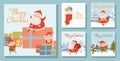 Set of Christmas square illustrations with Santa and elves. Winter landscape