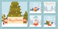 Set of Christmas square illustrations with Santa and elves. Winter landscape