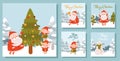 Set of Christmas square illustrations with Santa and elves. Winter landscape