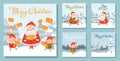 Set of Christmas square illustrations with Santa and elves. Winter landscape