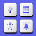 Set Christmas star, chimney, Holiday gingerbread man cookie and ringing bell icon. White square button. Vector