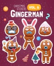 Set Of Christmas Stickers With Expressive Gingerbread Man Cookies.