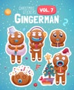 Set Of Christmas Stickers With Expressive Gingerbread Man Cookies.