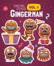 Set of christmas stickers with expressive gingerbread man cookies. Royalty Free Stock Photo