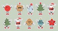 Set of Christmas stickers, Groovy retro characters. Christmas holiday icons in cartoon style. Vector Royalty Free Stock Photo