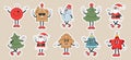 Set of Christmas stickers, Groovy retro characters. Snowman, Santa Claus, Christmas tree, gingerbread, bell, star, Christmas ball.