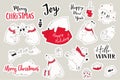 Set of christmas stickers of polar bears. Cartoon collection with cute bears and hand draw lettering Merry Christmas. Royalty Free Stock Photo