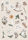 Set of Christmas stickers. watercolor new year illustrations.