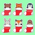 Set of Christmas stockings. Animals sleep in Christmas stockings. Christmas gift. Vector illustration Royalty Free Stock Photo