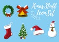 Set of Christmas Stuff. 12 label, XMas icon. Cartoon style. Vector Illustration