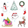 Set of Christmas symbols. Deer, Christmas tree, snowman,Santa Claus, gifts.Cartoon vector illustration Royalty Free Stock Photo