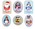 Set of Christmas tags with Santa, Snow Maiden and funny animals.