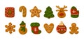 Set of Christmas tasty homemade cakes. Gingerbread cookie collection. Happy New Year cute illustration isolated on white Royalty Free Stock Photo