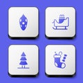 Set Christmas toy, santa claus sleigh, tree and stocking icon. White square button. Vector Royalty Free Stock Photo