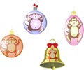 Set of Christmas tree balls and a bell with a monkey. EPS10 vector illustration Royalty Free Stock Photo