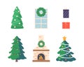 Set Christmas Tree with Balls, Star and Garlands, Fireplace with Burning Fire, Wreath Hang on Window, Gift Boxes