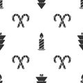 Set Christmas tree, Burning candle in candlestick and Christmas candy cane with stripes on seamless pattern. Vector Royalty Free Stock Photo