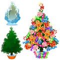 Set of Christmas tree in ice and decorated with sweets and toys isolated on a white background. Sketch of festive poster Royalty Free Stock Photo
