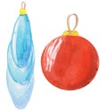 Set of Christmas tree toys on a white background. Christmas ball and icicle, watercolor raster illustration for cards, prints,