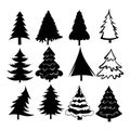 Set of Christmas trees. Collection of stylized Christmas trees. Black white illustration of forest elements. New Year. Royalty Free Stock Photo