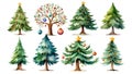 A set of Christmas trees with ornaments and a star on top. The trees are all different sizes and are arranged in a row Royalty Free Stock Photo