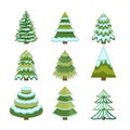 Set of Christmas trees. Winter firs and pines in snow in different styles