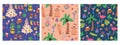 Set of Christmas tropical seamless patterns. Vector graphics