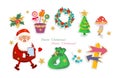 Set of Christmas vector icons with golden elements. Christmas tree, wreath, toy, star, Santa Claus, bag, arrows for Royalty Free Stock Photo