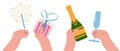 Set of Christmas vector illustrations. Human hands hold a gift box, sparklers, a glass of champagne and a bottle of Royalty Free Stock Photo